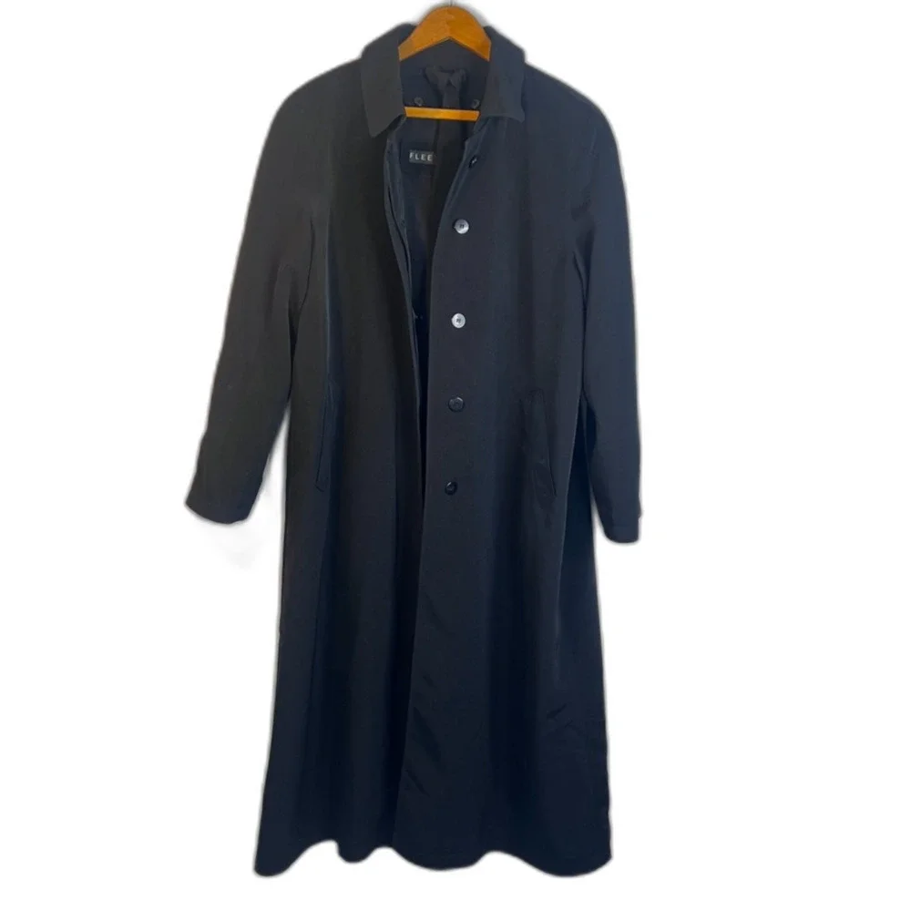 Fleet Street Basic Black Trench Coat Classic‎ Timeless Staple Nylon Lined 14P